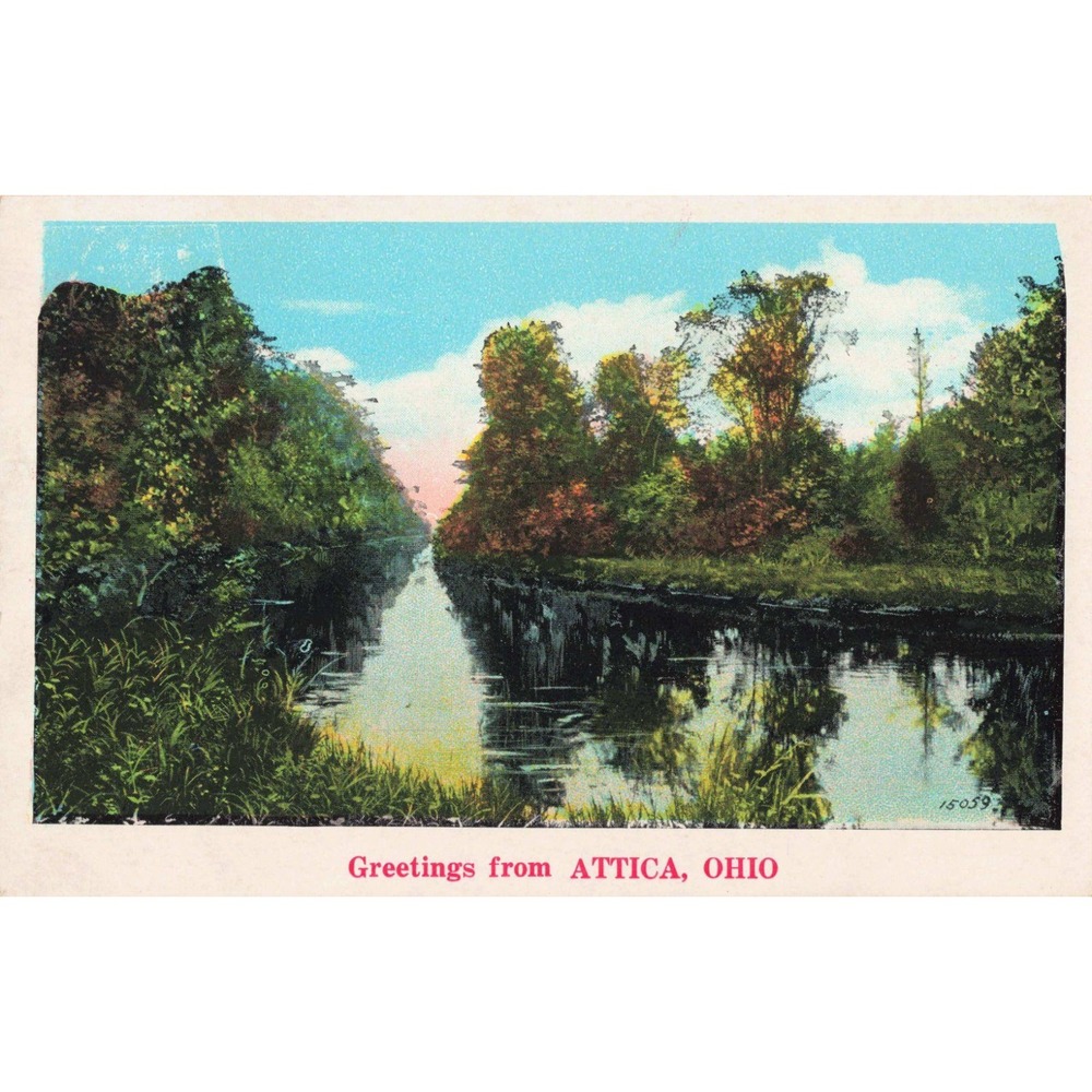 Vintage Greetings from Attica Ohio Linen Postcard Scenic Waterway Landscape - Picture 1 of 2